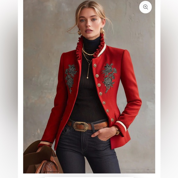 Oyrosy Jackets & Blazers - Ruffled Stand-up Collar Single-breasted Rose Embroidered Jacket
